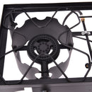 A close-up of the DirectDeals 150000 BTU Double Burner Outdoor Stove BBQ Grill shows its circular burner heads, sturdy black metal frame, and attached gas pipes, ideal for outdoor BBQs or camping.