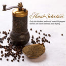An ornate brass pepper grinder, loose The Spice Lab Special Extra Bold Indian Black Peppercorns, and a brass scoop filled with ground pepper are displayed on a white surface. Text reads: Hand-Selection and describes choosing the finest Indian black peppercorns from The Spice Lab.