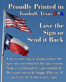 Two flags—the American and Texas—wave on poles under a blue sky. Lone Star Art promotes returns for the “Bar Open, Proudly Serving Whatever You Bring - Metal Sign,” made in Tomball, Texas—perfect for your home bar or decor.