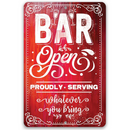 The Lone Star Art “Bar Open, Proudly Serving Whatever You Bring - Metal Sign” features a red design with white borders and champagne glasses—perfect for adding fun decor to your home bar.