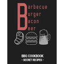 Black cover with a bold red "B" displays the words Barbecue, Burger, Bacon, Beer. Below, illustrations depict a steak, burger, and beer mug. The bottom text reads: Barbecue Burger Bacon Beer: BBQ Cookbook – Secret Recipes for Men – Paperback by Books by splitShops, featuring exclusive barbecue recipes shared by seasoned pitmasters.