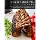 A succulent rack of grilled ribs, garnished with fresh rosemary and accompanied by sliced watermelon on a white plate, graces the cover of the "BBQ & Grilling Cookbook: 200+ Winning Recipes For Grilling and Barbecue for The Perfect Mouth Watering BBQ meat" from Books by splitShops—an image that vividly showcases expert smoking techniques and the irresistible allure of smoked food.