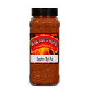 A 1 lb plastic shaker bottle of BBQ Bros Rubs Carolina Style BBQ Rub, featuring the signature red and yellow flame design and filled with a flavorful reddish spice blend—an essential seasoning from BBQ Bros Rubs for delicious pulled pork and classic barbecue dishes.