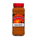 The BBQ Bros Rubs Kansas City Style BBQ Rub 1 lb by BBQ Bros Rubs comes in a clear plastic container with a red lid and features a flame-adorned label with bold text; this sweet and smoky seasoning is an authentic Kansas City BBQ rub, perfect for barbecue competition enthusiasts.