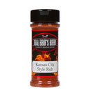A 3 oz bottle of BBQ Bros Rubs Kansas City Style BBQ Rub from BBQ Bros Rubs, featuring a black lid and a label with flames and white text on a black and red background, delivers an authentic sweet and smoky barbecue seasoning for true Kansas City BBQ flavor.