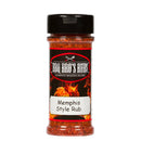 A 4 oz bottle of BBQ Bros Rubs Memphis Style BBQ Rub from BBQ Bros Rubs, featuring a black lid and a red label with a flame design, filled with a flavorful red spice blend ideal for smoked chicken or adding authentic barbecue seasoning to any meal.