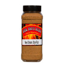 A 1 lb plastic jar of BBQ Bros Rubs New Orleans Style BBQ Rub by BBQ Bros Rubs, featuring a black lid and filled with brown seasoning. The label displays bold text and flames, emphasizing its authentic Cajun seasoning blend—perfect for bringing classic New Orleans style BBQ flavor to your favorite dishes.