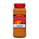 A 1 lb plastic container of BBQ Bros Rubs Texas Style BBQ Rub by BBQ Bros Rubs, featuring a red lid and a label with flames and bold text—perfect for anyone looking for authentic Texas BBQ flavor or the ideal brisket seasoning.