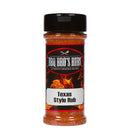 A 5 oz bottle of BBQ Bros Rubs Texas Style BBQ Rub by BBQ Bros Rubs, featuring a black lid, red label with flames in the background, and the phrases “Authentic Regional Recipes” and “Texas Style Rub” on the label—making it the perfect brisket seasoning for fans of genuine Texas barbecue.