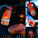 A gloved hand sprinkles BBQ Bros Rubs Western Style BBQ Rub from the Large 3-Pack Gift Set onto beef, highlighting the bold regional flavors of Western barbecue, with close-up shots of the BBQ Bros Rubs bottles and a steak sizzling on the grill.