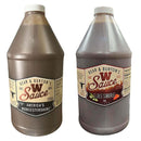 Bear & Burton's W Sauce 64 oz Bulk Worcestershire 2 Pack features two large bottles—"America’s Worcestershire" and "Fireshire"—both with beige labels and brown sauce, perfect for BBQs or grilling marinades.