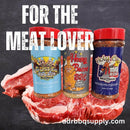 A Meat Church Seasoning 10 Pack is displayed in front of a large raw cut of meat, with the text FOR THE MEAT LOVER above and ddrbbqsupply.com at the bottom.