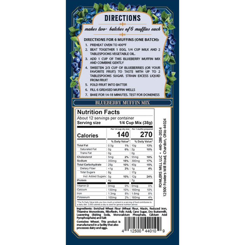 best Blueberry muffin mix label with directions and nutrition facts on a white background