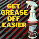 A bottle of Cobra Clean Biodegradable Grease Cleaner by Cobra Clean is in front of a grill, with bold yellow text reading GET GREASE OFF EASIER.