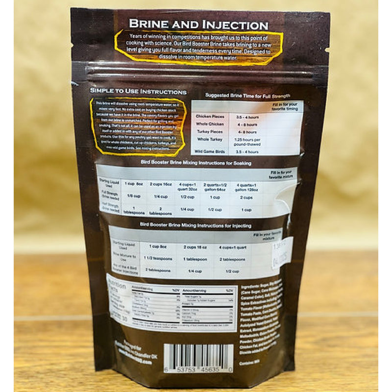 Image of the back of Butcher BBQ Bird Booster Brine packaging, displaying a detailed list of ingredients including salt, sugar, hydrolyzed corn protein, dehydrated chicken stock, and natural flavors, all crafted to enhance the flavor and juiciness of poultry.