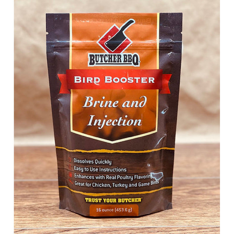 Butcher BBQ Bird Booster Brine packaging with a focus on key features and benefits, such as moisture retention, quick mixing capability, and versatility for grilling and smoking various types of poultry.