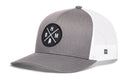 Grey and white Haka Hat Birmingham Trucker Hat featuring a black circular patch with white BHM text and a small outline of Alabama.
