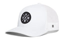 Haka Hat Birmingham Trucker Hat in white featuring a black circular BHM patch on the front with the letters B, H, M and an outline of the state of Alabama.