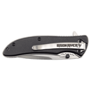 The Bison River 4 1/4″ Everyday Carry Knife, crafted by Bison River, features a folding design with a black handle and a silver clip engraved with the Bison River name and bison head logo. Photographed closed against a white background, this sleek knife combines classic style with practicality, offering a durable stainless steel blade for everyday use.