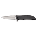 The Bison River 4 1/4″ Everyday Carry Knife by Bison River features a stainless steel blade and a black handle, shown here in the open position against a white background, making it an excellent choice for everyday carry.