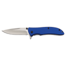 The Bison River 4 1/4″ Everyday Carry Knife by Bison River, featuring a stainless steel blade and a blue handle, is displayed against a plain white background.
