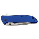 A closed Bison River 4 1/4″ Everyday Carry Knife by Bison River with a blue handle, visible screws, and a stainless steel blade, set against a white background.
