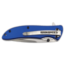 A Bison River 4 1/4″ Everyday Carry Knife featuring a blue handle, stainless steel blade, and a silver clip engraved with the Bison River logo lies closed and flat on a white background—an ideal choice for daily carry.