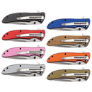 Eight Bison River 4 1/4″ Everyday Carry Knives, available in black, blue, red, wood, pink, orange, silver, and olive finishes, are neatly arranged in two rows. Each knife by Bison River features the brand name printed on the side, a durable stainless steel blade for long-lasting sharpness, and a sturdy metal pocket clip for convenience.