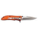 The Bison River 4 1/4″ Everyday Carry Knife features an orange handle with the Bison River logo and a side clip, paired with a partially open silver stainless steel blade. This folding pocket knife is displayed on a plain white background.