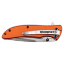 A folded orange Bison River 4 1/4″ Everyday Carry Knife with a silver metal clip featuring the Bison River name and a small bison head logo; the partially visible stainless steel blade completes its design.