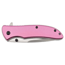 The Bison River 4 1/4″ Everyday Carry Knife by Bison River features a metallic pink handle and a partially visible stainless steel blade, displayed against a white background.