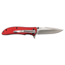 The Bison River 4 1/4″ Everyday Carry Knife by Bison River features a red handle emblazoned with the brand name, and a stainless steel blade. The knife is shown against a plain white background.