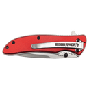 The Bison River 4 1/4″ Everyday Carry Knife features a red folding handle, a stainless steel blade, and a silver clip engraved with the Bison River name and bison logo. Shown closed with black screws and a partially visible blade, this pocket knife from Bison River is an ideal choice for everyday carry.