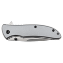 A closed Bison River 4 1/4″ Everyday Carry Knife, featuring a silver handle with visible screws and a durable stainless steel blade, is shown against a white background.