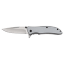 The Bison River 4 1/4″ Everyday Carry Knife by Bison River is shown open on a white background, featuring a partially serrated stainless steel blade and a metallic handle—making it an ideal choice for everyday carry.
