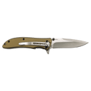 The Bison River 4 1/4″ Everyday Carry Knife by Bison River features a folding design with an olive green handle and a sharp stainless steel blade engraved with the BISON RIVER logo. Shown open, it highlights its sleek metal accents and precision-crafted edge—an ideal choice for everyday carry—displayed against a plain white background.