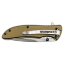 The Bison River 4 1/4″ Everyday Carry Knife features a folded design with an olive green handle and a silver metal clip engraved with the Bison River brand. Its stainless steel blade is partially visible, and the knife is displayed on a white background.