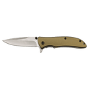 The Bison River 4 1/4″ Everyday Carry Knife by Bison River, featuring a stainless steel blade and an olive green handle, is displayed against a plain white background.