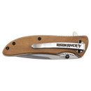 The Bison River 4 1/4″ Everyday Carry Knife features a wooden handle, a stainless steel blade, a sturdy metal clip, and is branded with the Bison River logo. With the blade partially visible while closed, this folding pocket knife is ideal for convenient and reliable everyday use.
