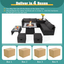 DirectDeals 9 Pieces Outdoor Wicker Sectional with 35 Inch Gas Fire Pit Table, featuring black cushions, coffee table, and footrests, ships in four labeled boxes for separate delivery.