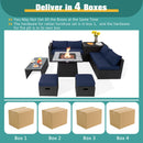 The DirectDeals 9 Pieces Outdoor Wicker Sectional with 35 Inch Gas Fire Pit Table includes blue cushions, stools, and arrives in four labeled boxes for easy setup.