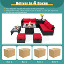 DirectDeals 9 Pieces Outdoor Wicker Sectional with 35 Inch Gas Fire Pit Table shown arranged around the fire pit. Four labeled boxes highlight multi-package delivery and details about box contents for this patio conversation set.