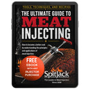 A tablet displays the cover of SpitJack The Ultimate Guide to Meat Injecting — PDF eBook, which features a meat injector, smoke, and a steak, along with a promo for a free BBQ eBook with purchase from SpitJack—ideal for anyone aiming to master brisket injection and enhance their barbecue expertise.