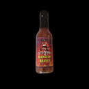 A bottle of Scott’s Smoked Q Bangin’ Berry Strawberry Habanero BBQ Sauce, with its fiery red label showcasing an angry pepper cartoon against a black background, brings bold notes of smoky chipotle and sweet, spicy strawberry habanero flavor in every drop.