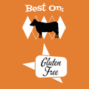 With an orange background, a black cow silhouette sits above the words “Gluten Free” in a white speech bubble. White diamond shapes appear behind the cow and a white star highlights the text, evoking classic flavors ideal for Hickman's BBQ Marinade Package from Hickman's BBQ—perfect for barbecue injectors or any BBQ marinade needs.