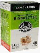 A box of Crawford Bradley Apple Wood Bisquettes contains 48 bisquettes for 16 hours of apple wood smoke. The green and white packaging displays an image of the bisquettes on the front.