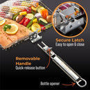 The Braize Large Stainless Steel Grill Basket is ideal for grilling fish and veggies; it features a removable handle with quick-release button, secure latch for easy access, plus a built-in bottle opener, basting brush, and scrub sponge.