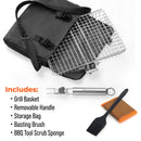 On a white background, the Braize Large Stainless Steel Grill Basket with removable handle, basting brush, scrub sponge, and black storage bag is shown—ideal for grilling fish and vegetables. Text lists: basket, handle, bag, brush, and sponge.