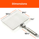 The Braize Large Stainless Steel Grill Basket with Removable Handle, Basting Brush & Scrub Sponge is shown on a white surface. Basket: 12¼''L x 9½''W x 1½''D; handle: 10½''L. Ideal for grilling fish and veggies. Orange “Dimensions” header at top.