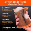 A hand squeezes a Braize scrub sponge with soap suds—flexible steel fiber for tough cleaning. Ideal for the Braize Large Stainless Steel Grill Basket with Removable Handle. Shown on an orange and black background.